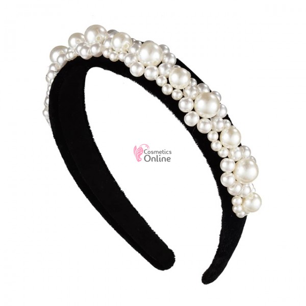 Bentita deosebita pentru par din catifea cu Perle Albe BTP008G - Black